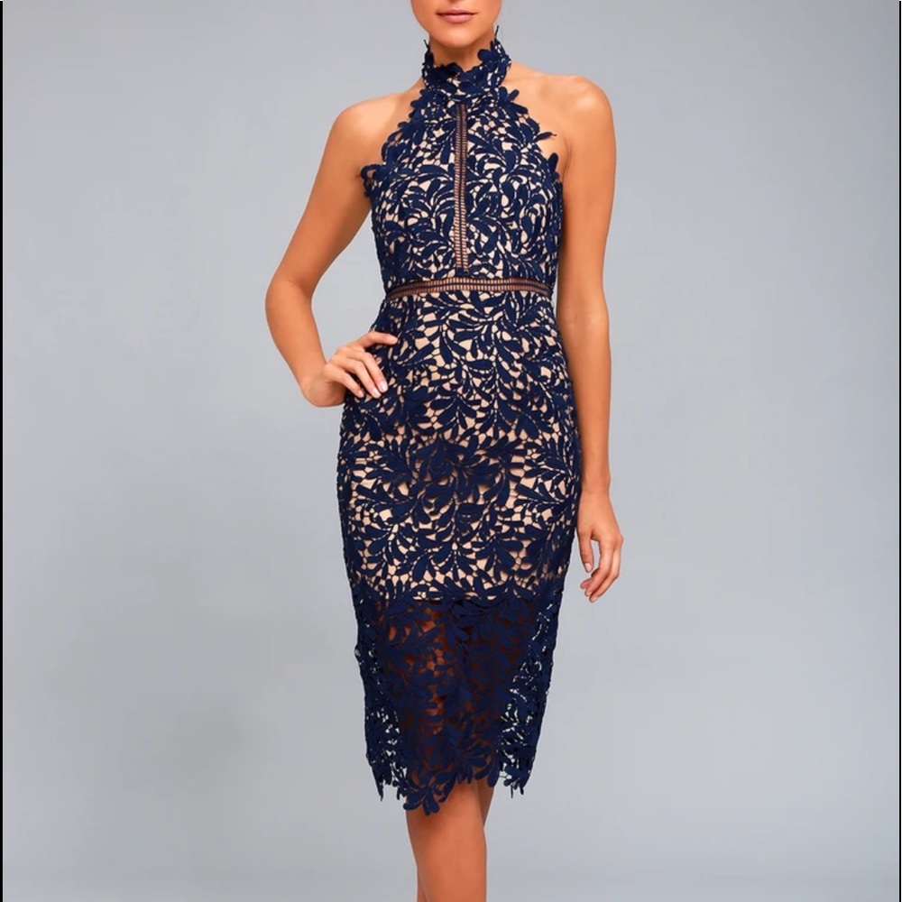 ✨NWT Lulus Divine Destiny Navy Blue Lace Midi
